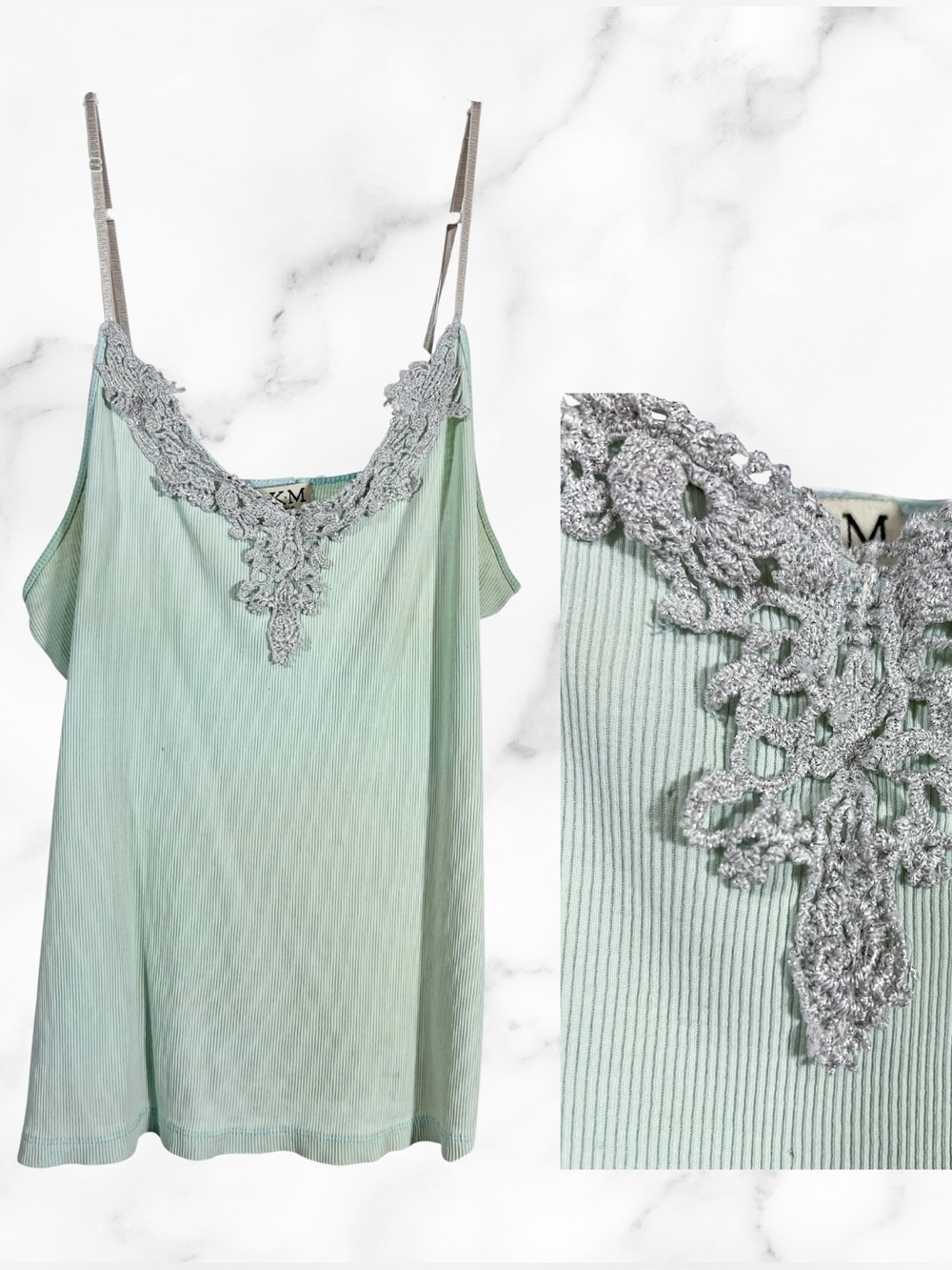 Y2K MKM Designs Mint Ribbed Cami Silver Crochet Lace Fairycore Tank Top
